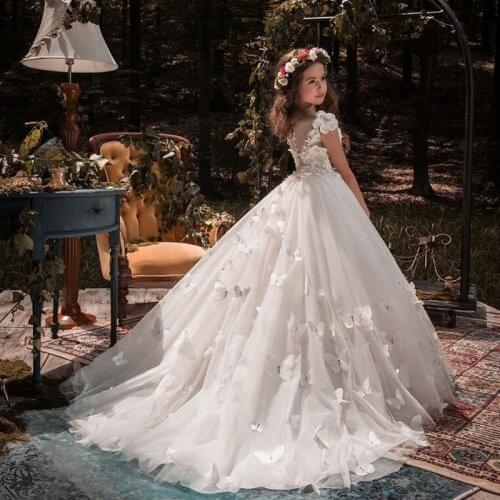 Lace Flower Girl Dresses Sheer Neck Tiers Todder Puffy Ball Gown for Wedding Communion Pageant Kids Dresses