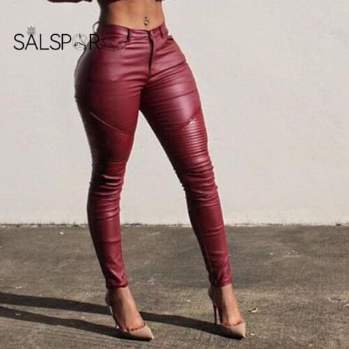 SALSPOR Sexy Slim Leather Pants Women PU Leggings High Waist Zipper Pleated Leather Pants Skinny Stretch Trousers Free Shipping