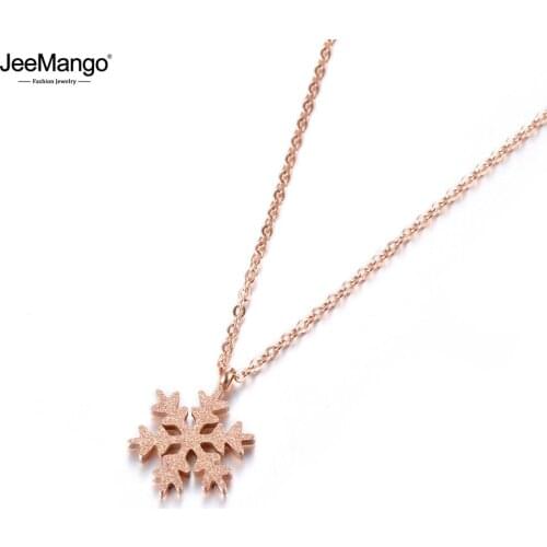 JeeMango Trendy Snowflake Pendant Necklaces For Women Rose Gold Stainless Steel Charm Necklace цепочка на шею женская JN18016