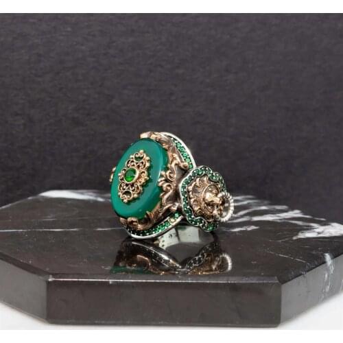 Green Agate Stone Motif Silver Men 'S Ring