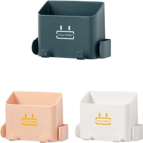 Wall Mount Phone Holder Stand with Charging Hole Hooks Self-Adhesive Remote Control Storage Box Organizer Hanging Shelf