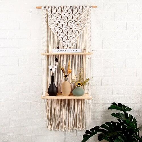 2021 Newest Boho Hand-Woven Macrame Hanging Planter Basket Wooden Shelves Bohemian Style Wall Hanging Tapestry Home Room Decor