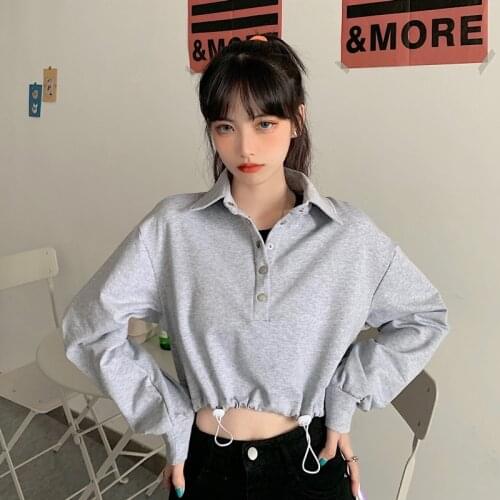 Fall/Winter Womens Sweatshirt Short Pure Color Lapel Button Simple Slim Pullover Casual Sudadera Mujer Em