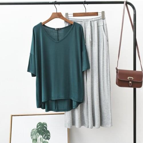 Womens Pajamas Set Spring Summer Sleepwear Modal Cotton Pyjamas Female Loose Polo Shirt Wide Leg Pant 2 Pieces Pijama Suit