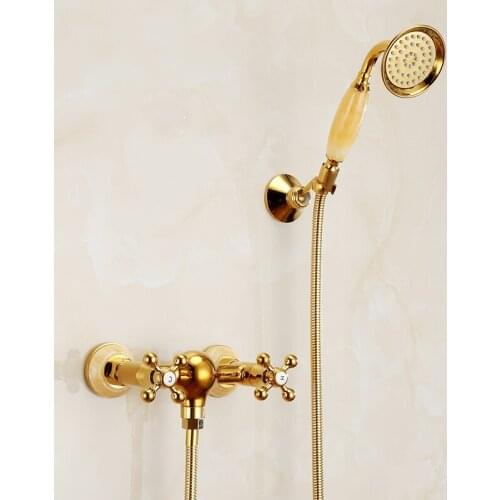 Bathroom Shower Faucet Set Hot & Cold Gold Solid Brass & Jade Bathtub Mixer Tap Wall Mounted Dual Handle With Handheld Copper