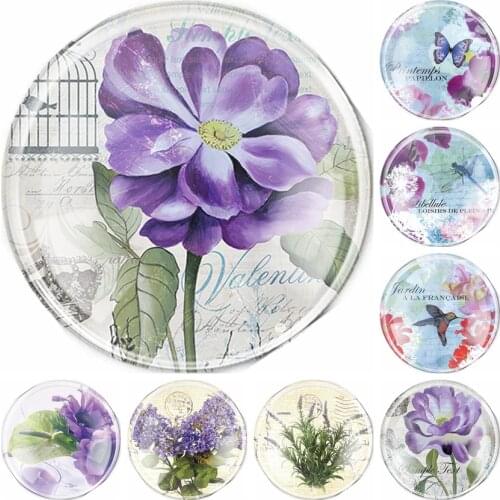 Handmade 6 Size Glass Purple Flower Flatback Cameo Cabochon Domed DIY Jewelry Charm Photo Pendant Setting
