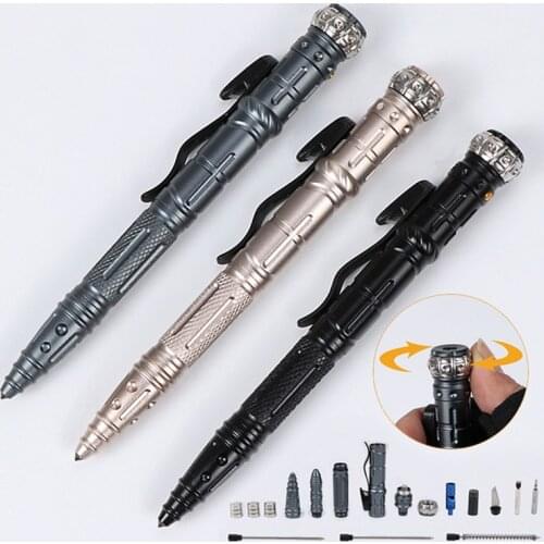 LED Multifunctional Self-defense Gyro Tactical Pen Outdoor Survival EDC Tool Emergency Light Glass Breaker Gyroscope 8 in 1