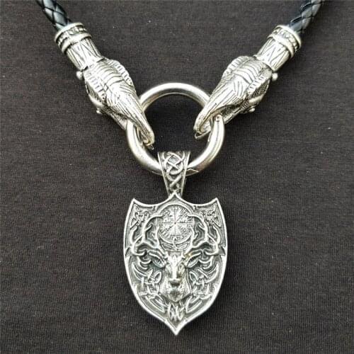 Viking Nordic Elk Head Pendant With Two Crow Head Leather Chain Amulet Necklace Punk Gothic Jewelry For Men Gift