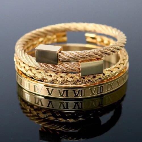 Vintage Open Cuff Twisted Design Charm Bracelets Men Braided Stainless Steel Roman Numeral Bracelets Bangles Fashion Jewelry Set