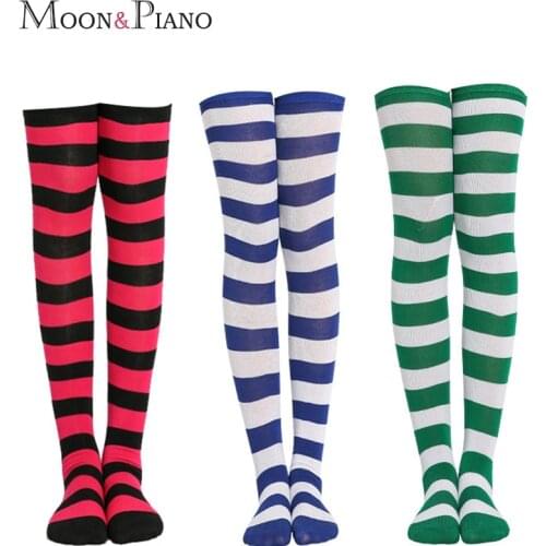 Women Long Tube Stockings Europe American Blue White Black Stripes Over the Knee Simple Ladies Fashion Style Warm Autumn Winter