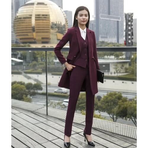 Women Business Suits 3 Piece Waistcoat, Pant and Jacket Sets Purple Trench Coat Long Blazer Ladies Work Wear Clothes