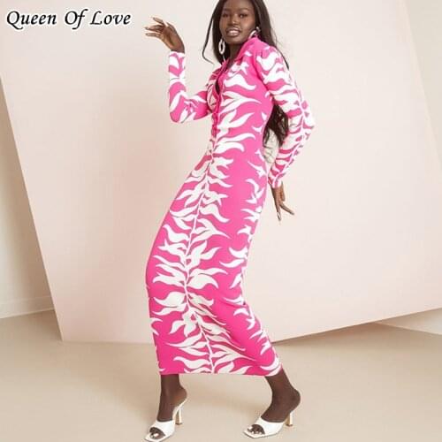 2021 New Autumn Winter Fashion Streetwear Long Sleeve Floral Print Long Deesses Women Single Breasted Pink Dress Outfits Y2K