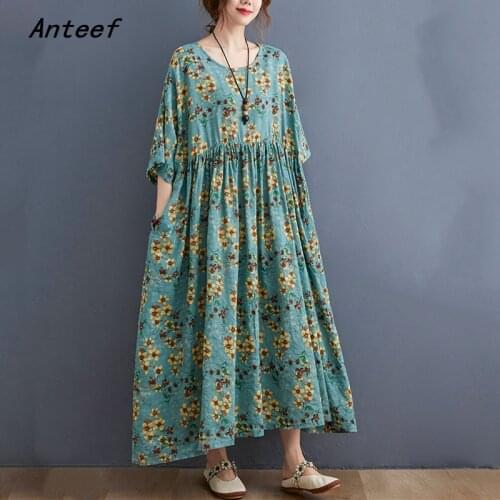 Short sleeve cotton vintage floral dresses for women casual loose long woman summer dress elegant clothes 2021