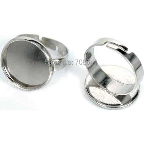 16mm Glass Cameo Cabochons Rings Findings Round Bezel Disc Adjustable Ring Settings Rhodium tone Plated