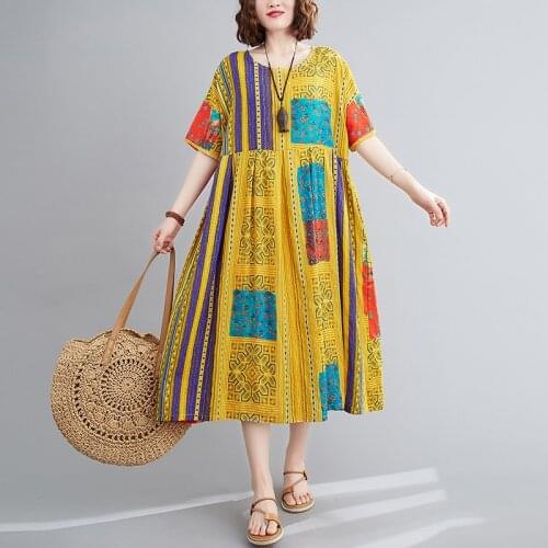 2021 New Arrival Short Sleeve Loose Summer Dress Soft Cotton Linen Print Floral Vintage Dress Plus Size Women Casual Long Dress