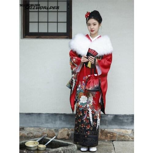 2021 SELLWORLDER Japanese Kimono Style yukata retro Girl black dress Woman floral print Long Dress with handbag