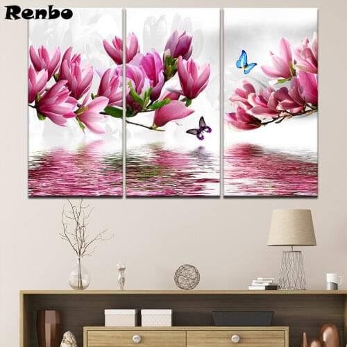 DIY 5D diamond embroidery Flowers Magnolia triptych diamond painting cross stitch Multi-picture Mosaic Pattern Wallpapers