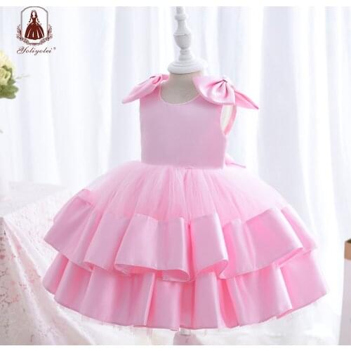 Yoliyolei Satin Fabric Childrens Dress Cute Bowknot Fashion Formal Girls Clothes Size 2-5 Kids Birthday Party Dress for Girl