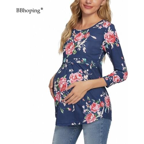 Mama Casual Maternity Clothes Tops Premama 3/4 Sleeve Round Neck Blouse Pregnancy Floral Printed Tunice Cotton Top