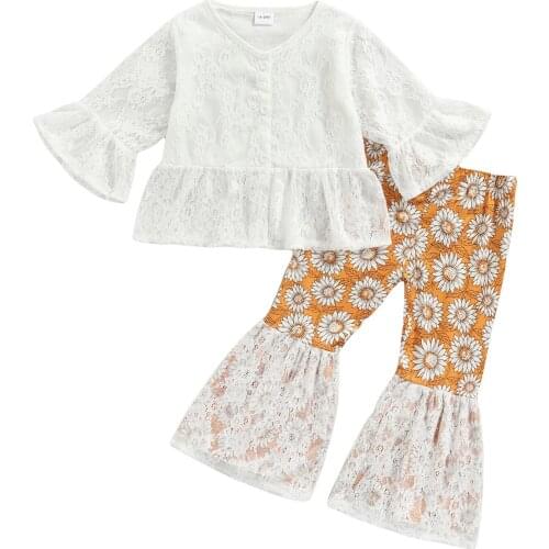 2021 0-6Y Princess Kids Baby Girl Clothes Flower Lace White Solid Button Fly Blouse+Sunflower Print Flare Pants Spring Fall 2pcs