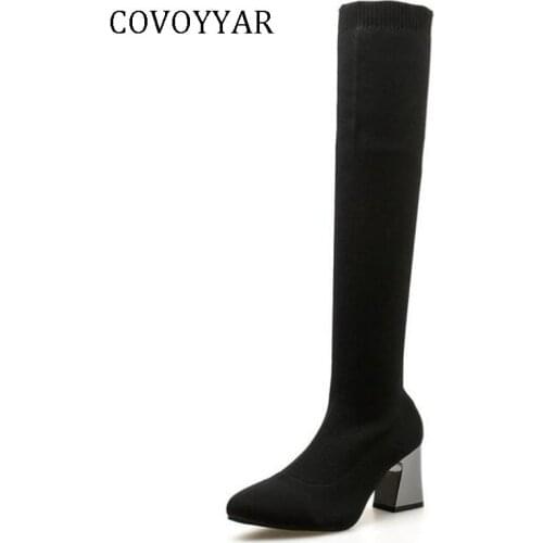 COVOYYAR Women Boots Fashion Slim Stretch Knitted Over Knee High Boots Autumn Winter Pointed Toe High Heels Black Shoes WBS1016