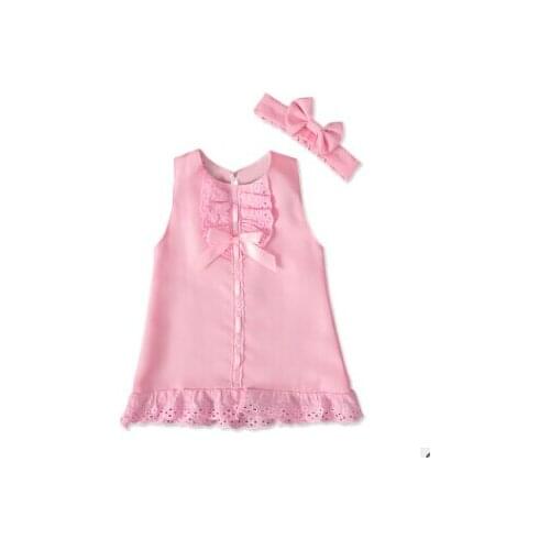 Baby Girls O-Neck Vest Style Dress Fashion Solid Color Bow Back Button Children A-Line Dress With Headband Plain Summer