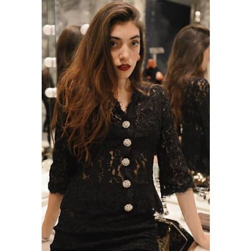 Elegant Black/White Guipure Lace Eyelet Diamond Jewel Button Cardigan/Pencil Skirt Set Classic Office Business V-Neck Uniform