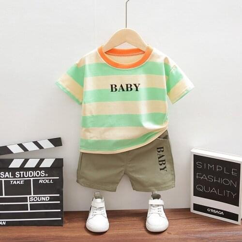 Baby Boys Girls New Summer Clothes Sets Infant Color Stripe Letter O-neck T-shirt+Shorts 2Pcs Sets Kids Casual Clothing