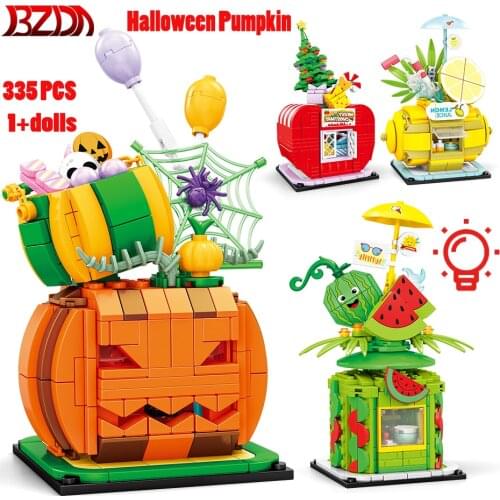City Halloween Pumpkin LED Light Street View Sets Blocks Fruit House Model Building Blocks Figures Friends Toys Bricks Kids Toys