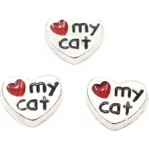 Hot Sale 10pcs/lot Silver Enamel Heart I love My Cat Floating Charms Fit Living Glass Memoy Floating Lockets DIY Jewelry