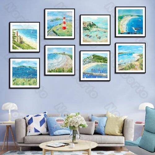 Canvas Painting Wall Poster Sea Landscape Green Grassland Blue Sea and Sky for Living Room Bedroom Restaurant Wall Decoration
