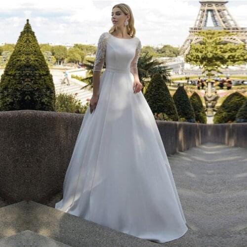 Exquisite Jewel Neckline A Line Wedding Dresses With Lace Appliques Beaded Half Sleeve Wedding Gowns Vestido de Noiva Custom