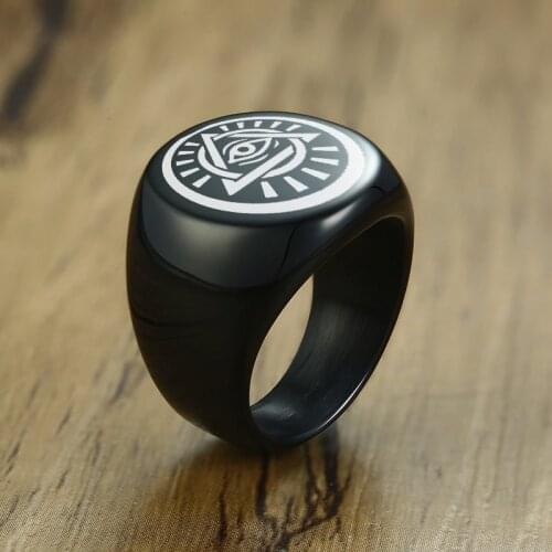 GODS EYE SIGNET RING FOR MEN STAINLESS STEEL BLACK EGYPTIAN EYE OF GOD HORUS UDJAT ILLUMINATI TRIQUETRA RING