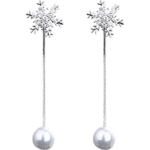 Creative Snowflake Decor Earrings Fashion Long Fake Pearl Decor Earrings Pendant Earrings Jewelry Accessories For Christmas