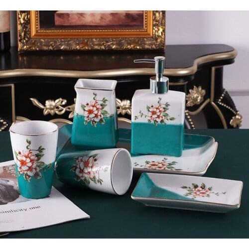 Ceramic Bathroom Accessories Set Soap Dispenser Toothbrush Holder & Gargle Cup Lavatory 5 Pieces Set Pastoral Style Wedding Gift
