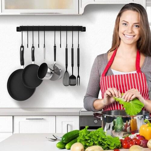 Rail Type Kitchen Utensils Hook Rack Minimalist Hanging Organiser Rack with 10 S-Hooks Pot Lid Holder Wall Mount Storage
