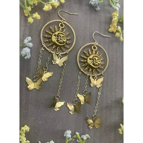 Celestial Gold Sun/Moon Hanging Gold Butterfly Earrings