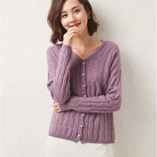 Autumn and Winter New Cashmere Sweater Women O-neck Cardigan 100% Pure Wool Twist Knit Top Female Jacket Casual Warm Korean