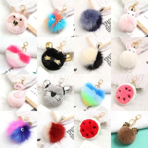 Cute Soft Pompom Animal Key Chain Key Ring Hand Bag Charms Accessories
