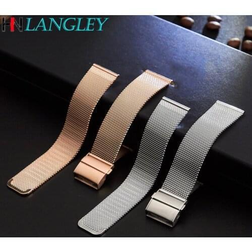 General Use 12mm 14mm 16mm 18mm 20mm 22mm Watch Band Mesh Stainless Steel Strap Fold Over Clasp Watches Replacement Bracelet