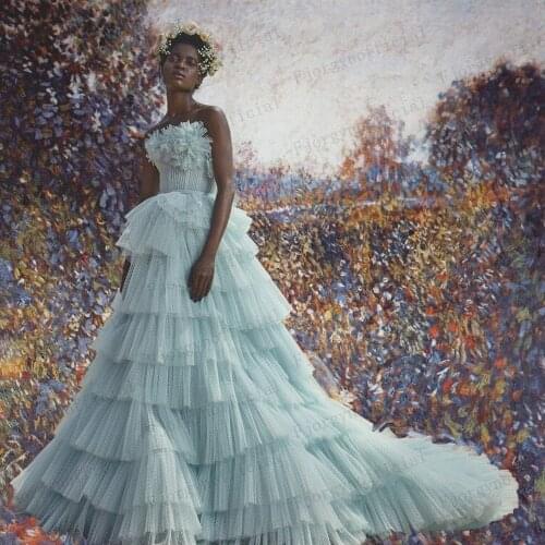 Luxury Light Blue Strapless Evening Gowns Ball Gown Tiered Womens Formal Dress Sweep Train Multilayer Girls Sweet 16 Dresses