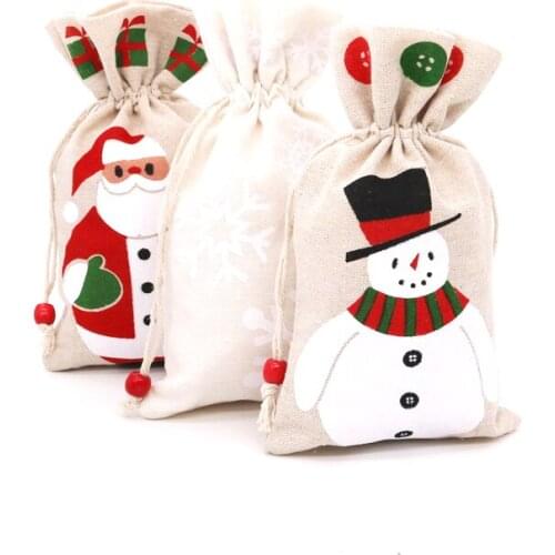 2pcs/lot 13x23cm Christmas Cotton Bags Snowflake Santa Claus Printed Drawable Jewelry Linen Packaging Bags for Christmas Gift