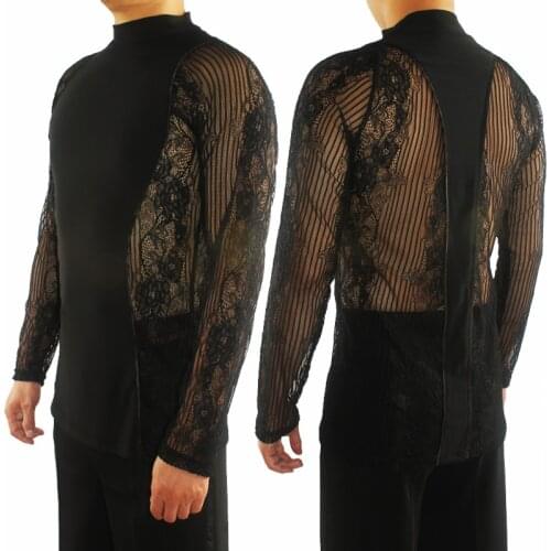 Latin Dance Shirts Black Sexy Lace Cha-Cha Salsa Samba Performance Tops Men Rumba Tango Flamenco Practice Dancing Wear DL3003