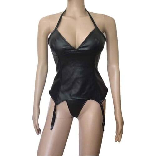 Sexy Costume Womens Black Faux Leather Strappy Halter Neck Cupless Bustier Bodysuit Teddy with Garter Belt Mistress Corset