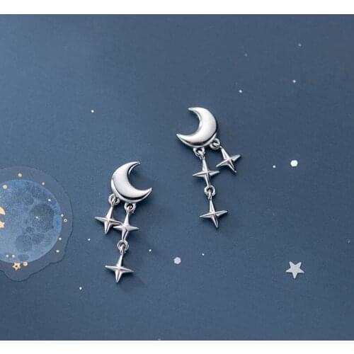 925 Sterling Silver Moon Star Tassel Earrings Korean Style Long Earrings For Women Jewelry Fashion Party Accessories Girl Gift