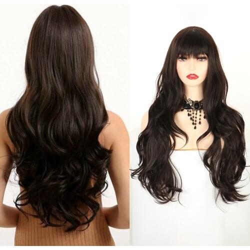 Synthetic Long Loose Wave Wig With Air Bangs 26 Inch Middle Parting Light Brown Hair Wigs For Women Daily Party Cosplay Club Use