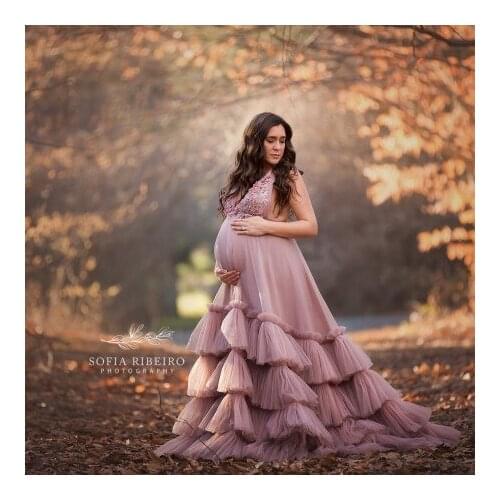 Sexy Tulle Lace Pregnancy Gowns V Neck Sleveless Blush Pink Pleated Ruffles With Train Long Maternity Photography Dresses