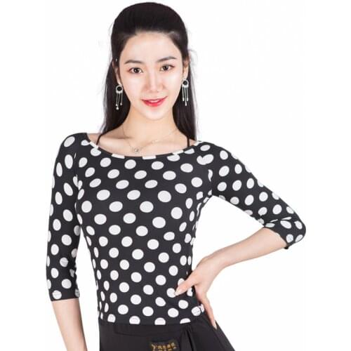 Latin Dancer Adult Practice Tops White Dot Round Neck Modern Dance Clothes For Women Rumba Tango Samba Salsa Dance Shirt VO1312