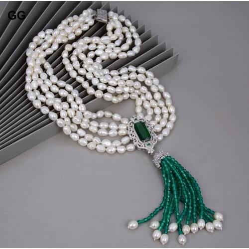 GuaiGuai Jewelry 20" 5Strands White Baroque Pearl Green Agates Gems Stone Necklace CZ Pendant For Women