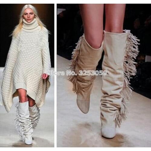ALMUDENA Women Knee High Suede Fringe Boots Black White Wedged Tall Boots Brand Fashion Women Motorcycle Tassel Boots Dropship